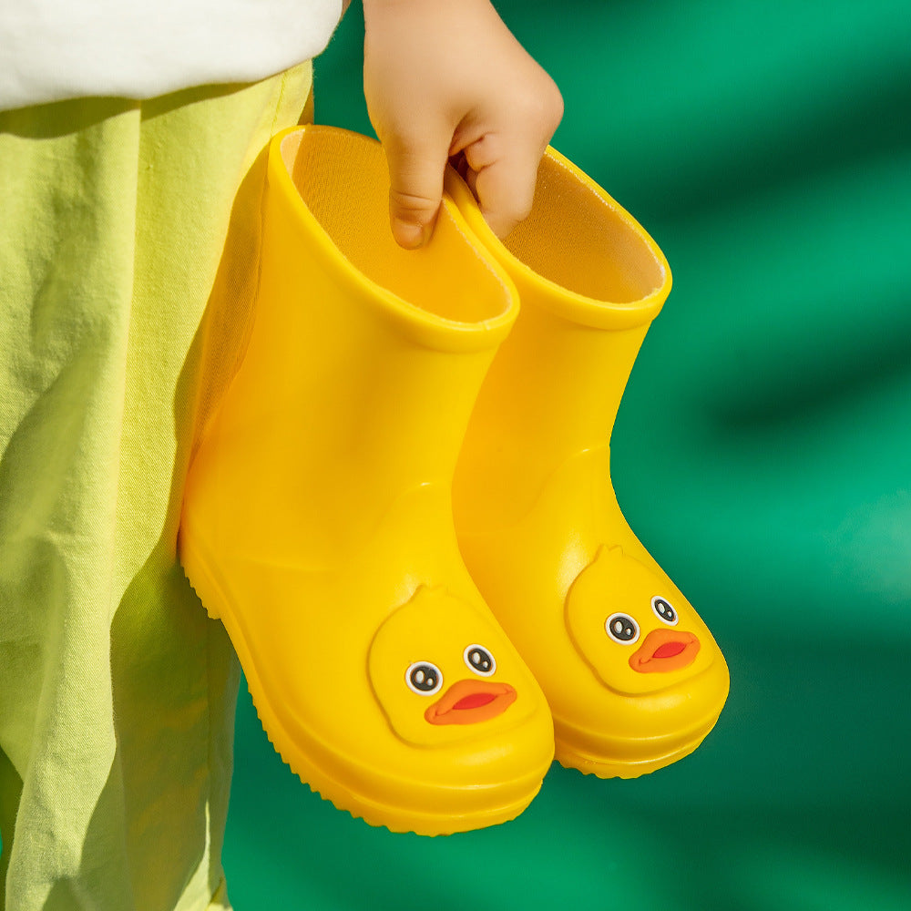 Cute Yellow Duck Kids Rain Boots with Removable Warm Cotton Liner - Waterproof Anti-Slip Toddler Wellies for Foot Length 17CM