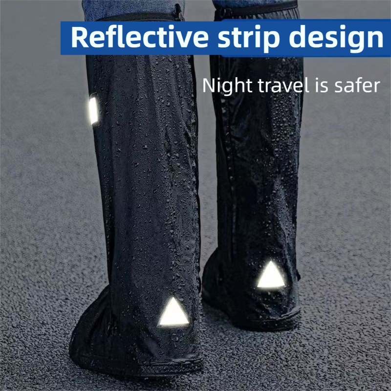 A Pair 40CM High-Tube Double-Layer Waterproof Rain Boot Covers - Durable Anti-Slip Reflective Motorcycle Over-Shoes (XL Size)