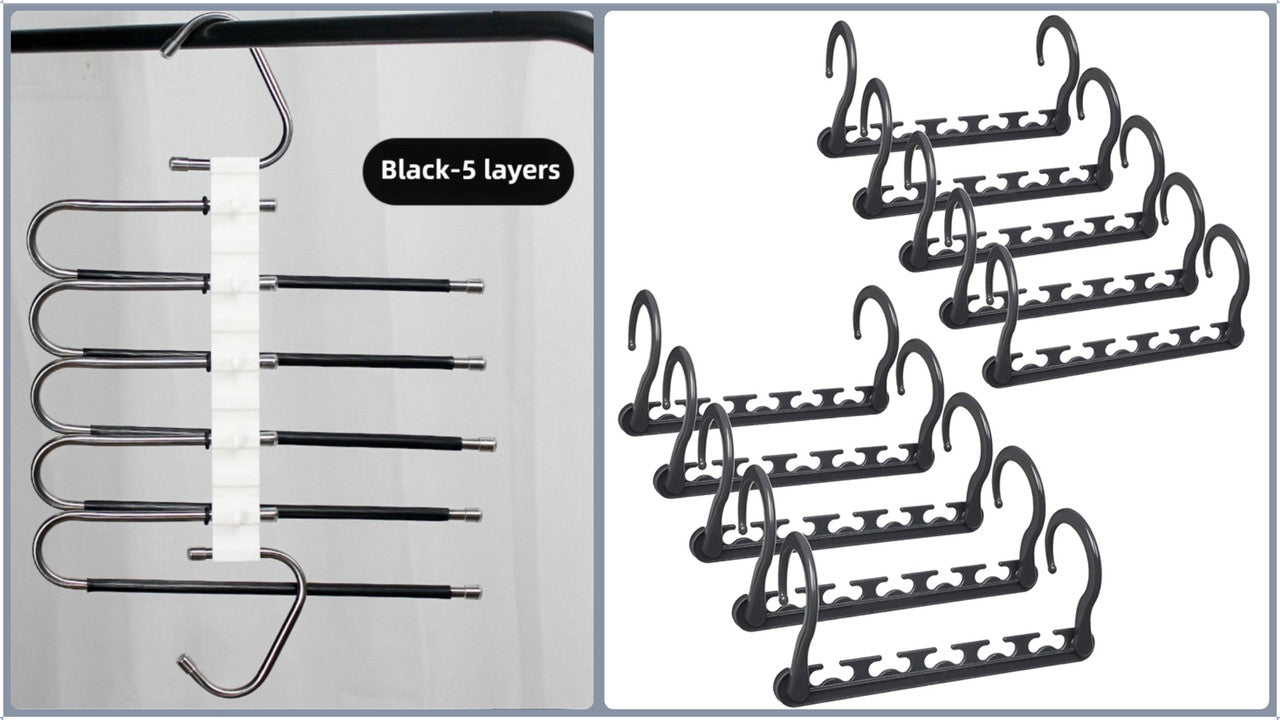 5-Tier Black Stainless Steel Pants Rack and 10-Pack Magic Cascading Hangers Set - Space-Saving Closet Organizer Kit