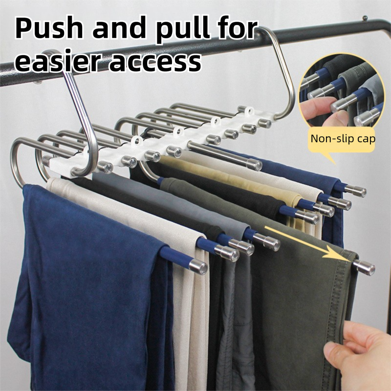 Ultimate Closet Space-Saver Set: 9-Tier Black Stainless Steel Retractable Pants Rack & 10-Pack Multi-Port Magic Hangers