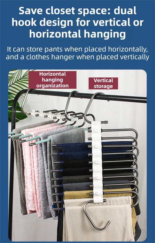 Ultimate Closet Space-Saver Set: 9-Tier Black Stainless Steel Retractable Pants Rack & 10-Pack Multi-Port Magic Hangers