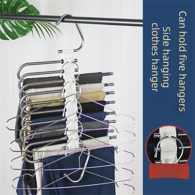 5-Layers Sliver Stainless Steel Pants Rack with Horizontal / Vertical Modes and Expandable Pull-Out Rods - High-Load Folding Magic Hanger
