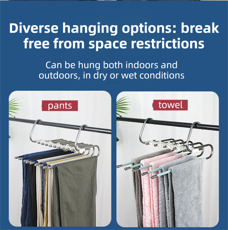 5-Layers Sliver Stainless Steel Pants Rack with Horizontal / Vertical Modes and Expandable Pull-Out Rods - High-Load Folding Magic Hanger