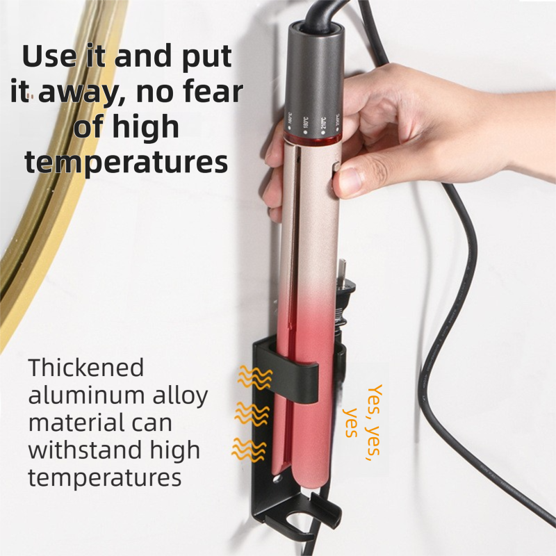 Black Wall-Mounted Aluminum Curling Iron Holder with Tidy Cord - Heat-Resistant Hair Straightener Storage Rack for Diameter ≤ 36mm