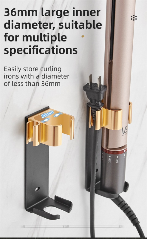 Black Wall-Mounted Aluminum Curling Iron Holder with Tidy Cord - Heat-Resistant Hair Straightener Storage Rack for Diameter ≤ 36mm