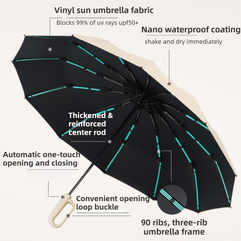 Black Heavy Duty Fully Automatic Carabiner Umbrella with Integrated Hook Handle (Diameter 106CM) - Ultra Windproof and UV Protective Sun & Rain Umbrella