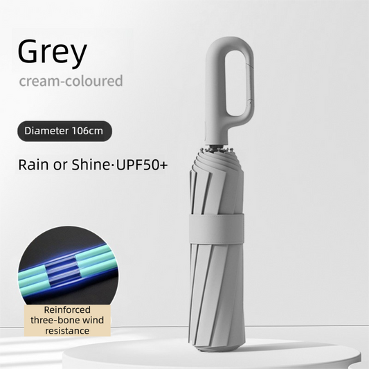 Grey Heavy Duty Fully Automatic Carabiner Umbrella with Integrated Hook Handle (Diameter 106CM) - Ultra Windproof and UV Protective Sun & Rain Umbrella