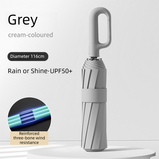 Grey Heavy Duty Fully Automatic Carabiner Umbrella with Integrated Hook Handle (Diameter 116CM) - Ultra Windproof and UV Protective Sun & Rain Umbrella