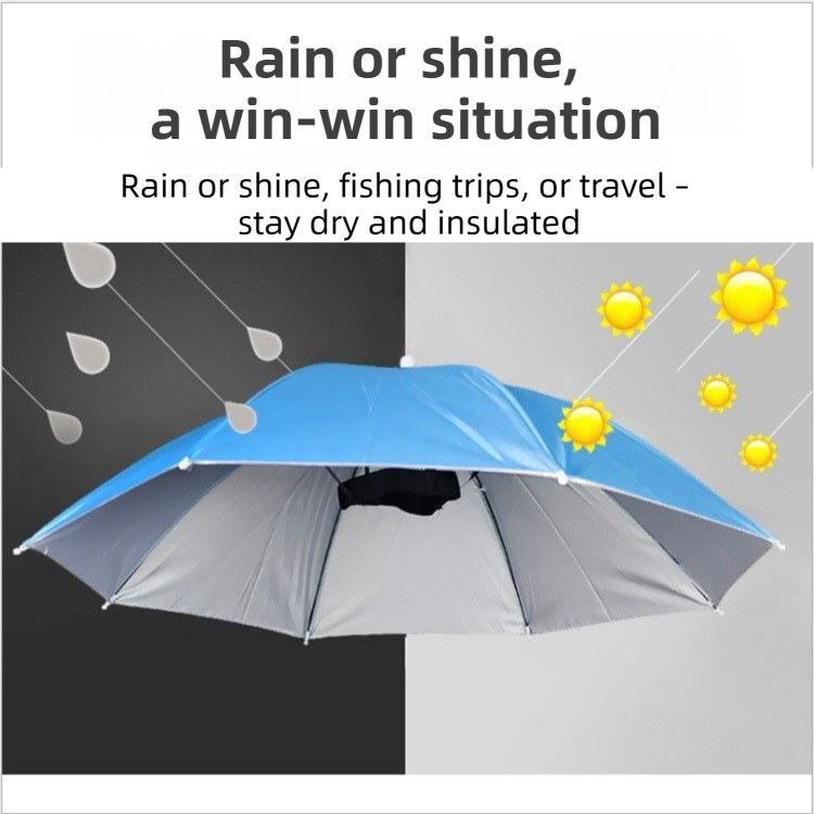Grey Foldable Sun & Rain Umbrella Hat (Diameter 69CM) - 99% UV Potective and Wind/Rainproof Fishing Umbrella with Elastic Headband