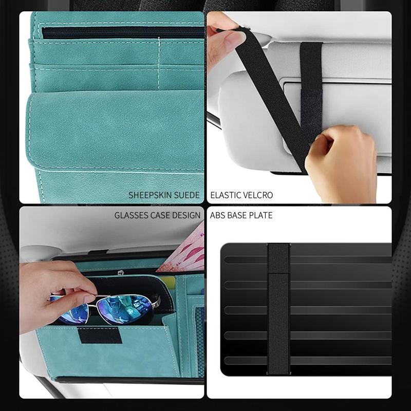 Brown Faux Suede Car Sun Visor Organizer with Spring Strap - Multi-Functional Eyewear Case & Card Holder