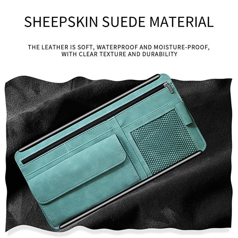 Blue Faux Suede Car Sun Visor Organizer with Spring Strap - Multi-Functional Eyewear Case & Card Holder