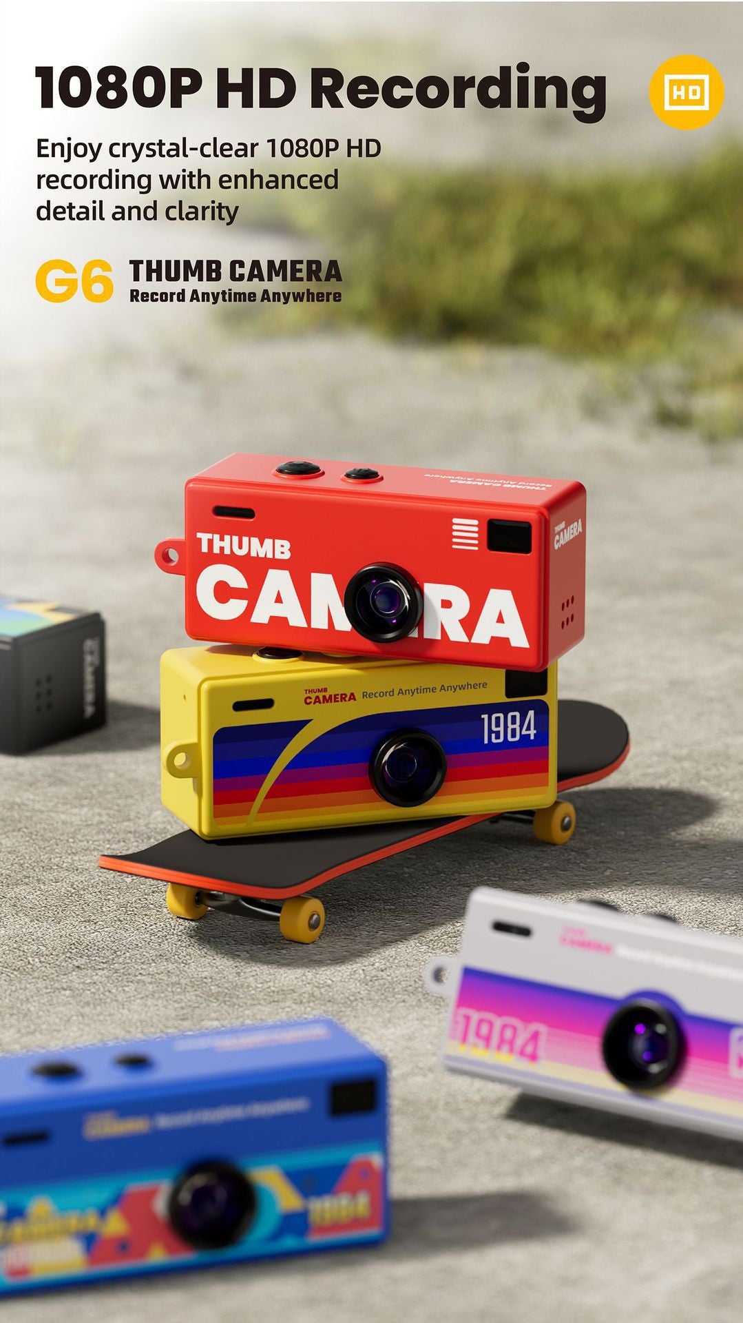 G6 Yellow Ultra-Mini Thumb Camera with 32GB Card, Card Reader & Adapter - HD Instant Pocket-Sized Action Cam for Students & Kids