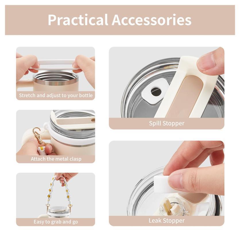 10-Piece White Accessory Bundle for Stanley Quencher 30/40oz - Includs Premium Silicone Straw Covers, Protective Boot & Charms Set