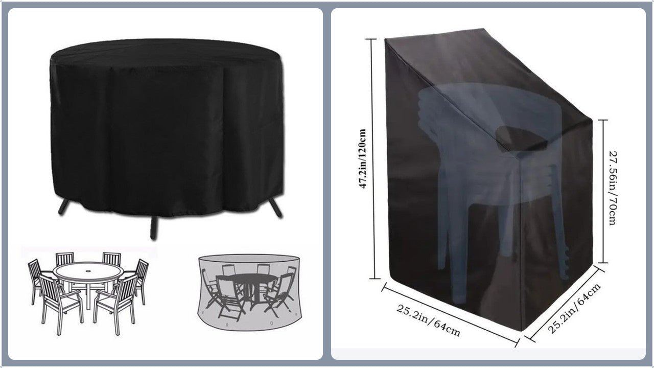 Heavy Duty Oxford Outdoor Furniture Protector Set - Waterproof & Dustproof Round Dining Table(185x110cm) and Lounge Chair Cover(64x64x70x120cm) Bundle