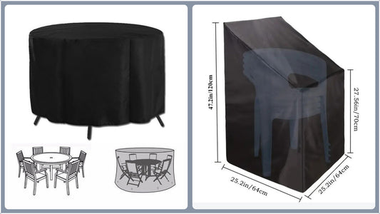 Heavy Duty Oxford Outdoor Furniture Protector Set - Waterproof & Dustproof Round Dining Table(230x110cm) and Lounge Chair Cover(64x64x70x120cm) Bundle