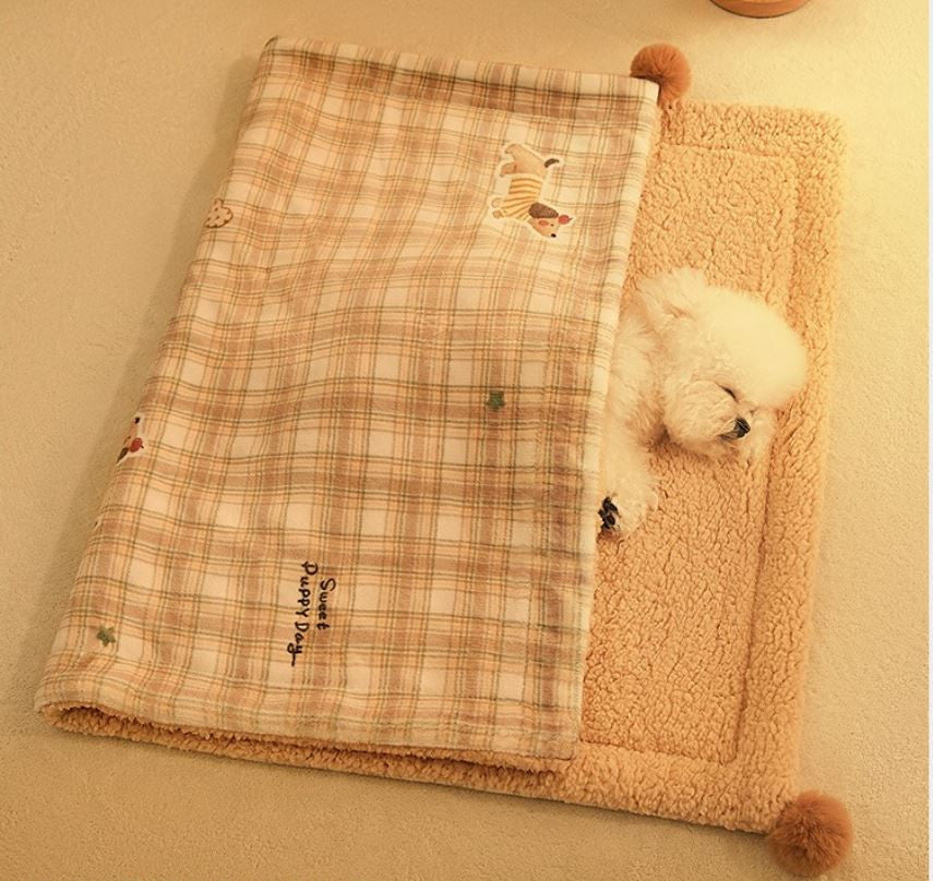 Plaid Puppy Premium Soft Fleece Dog Bed Mat/Quilt (XL Size 100 x 70 CM) - All-Season Reversible Warm Cat Nap Pad