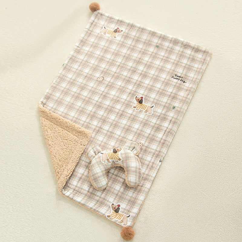 Plaid Puppy Premium Soft Fleece Dog Bed Quilt & Pillow Set (XL Size 100 x 70 CM) - All-Season Reversible Warm Cat Nap Pad