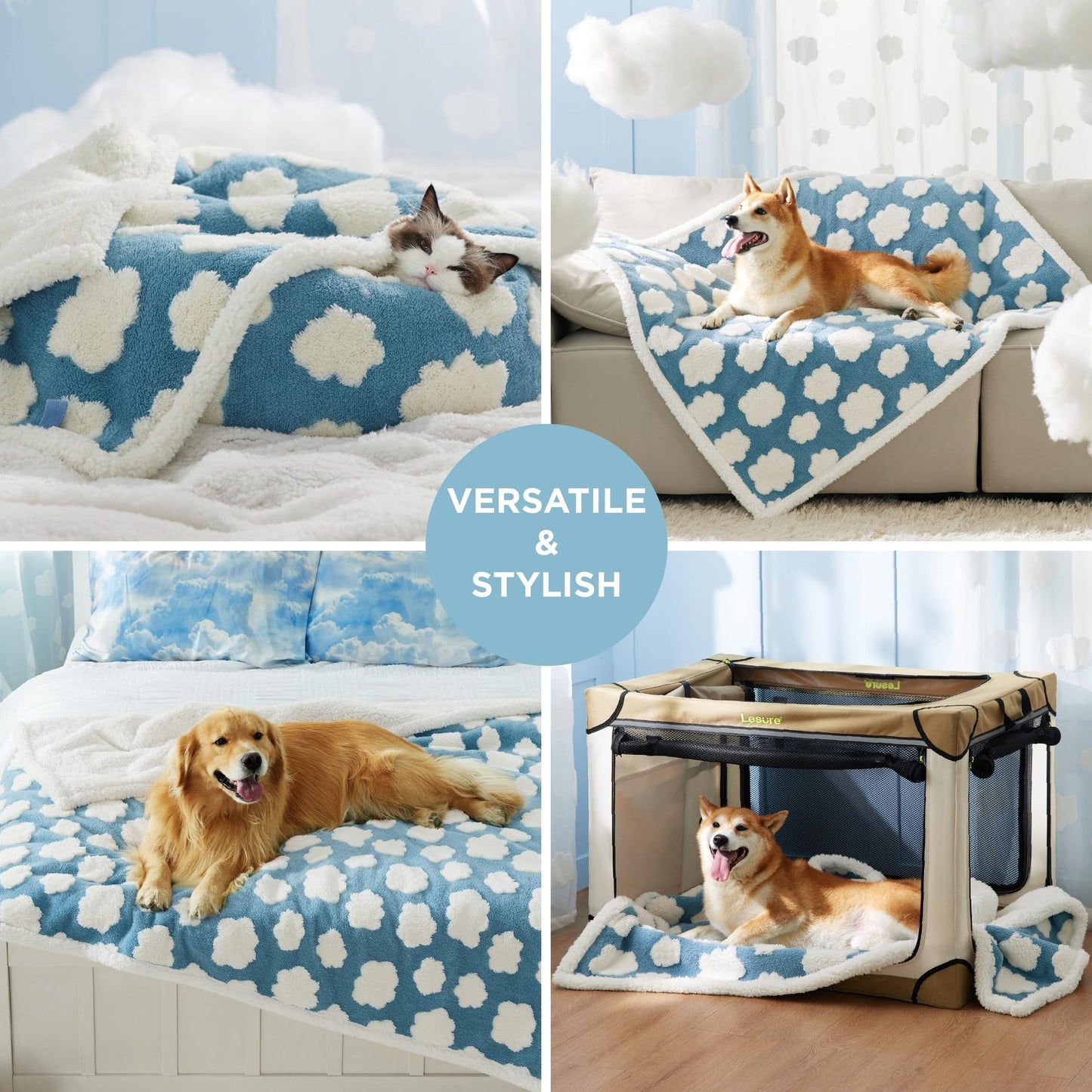 65 x 90 CM Waterproof Soft Sherpa Fleece Pet Blanket (Blue Sky & Clouds) - Reversible Thickened Furniture Protector for Dogs & Cats