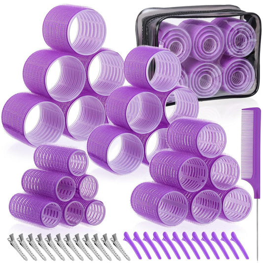 Purple 50-Piece Professional Hair Roller Set - Multi-Size Self-Grip Velcro Rollers with Clips and Tail Comb - Complete Heatless Styling Kit for Voluminous Curls and Air Bangs
