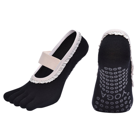 Black 2pcs Women's 5-Finger Ballet Style Yoga Socks - Non-Slip Grip Pilates & Dance Socks with Elegant Lace Trim and Elastic Cross Strap