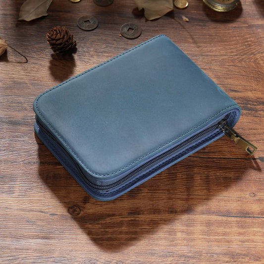 Blue 12-Slot Genuine Crazy Horse Leather Fountain Pen Case - Handcrafted Large Capacity Zippered Pen Organizer & Stationery Pouch