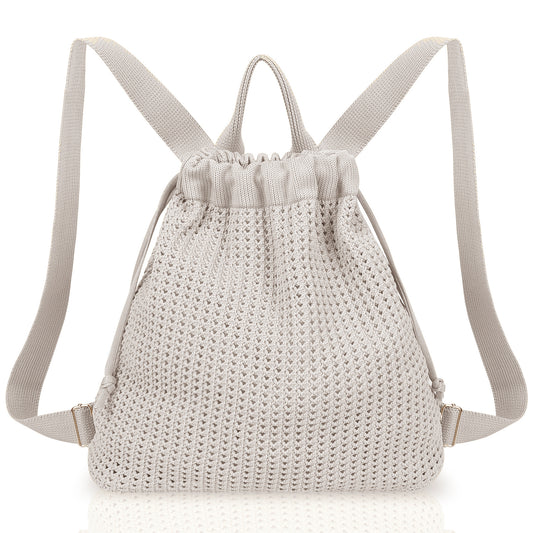 Grey Bohemian Crochet Knit Drawstring Backpack - Hand-Woven Versatile Tote & Shoulder Bag for Vacation, Travel, and Daily Use