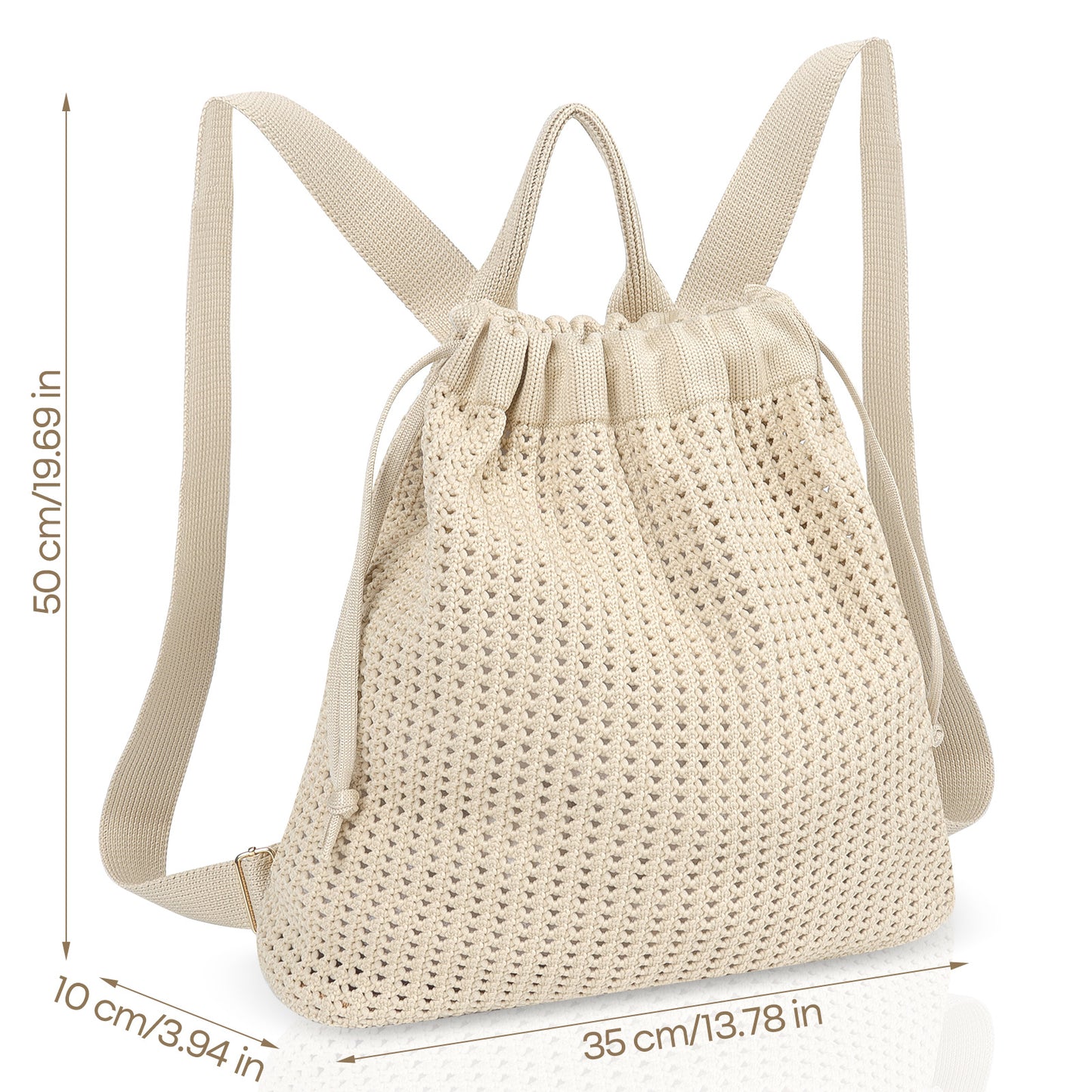 Grey Bohemian Crochet Knit Drawstring Backpack - Hand-Woven Versatile Tote & Shoulder Bag for Vacation, Travel, and Daily Use