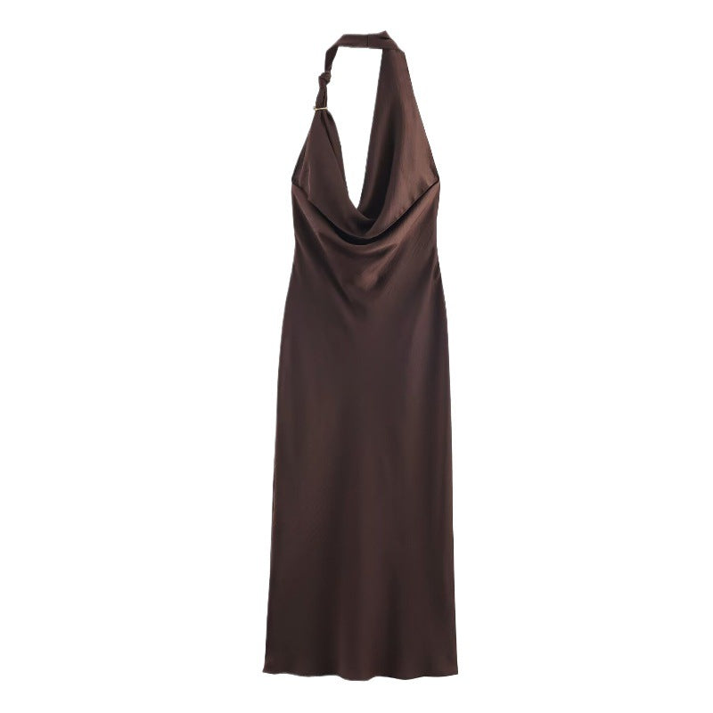 L Elegant Halter Neck Satin Midi Dress - Sexy Asymmetric Draped Evening Gown with Metal Hardware Accent for Women