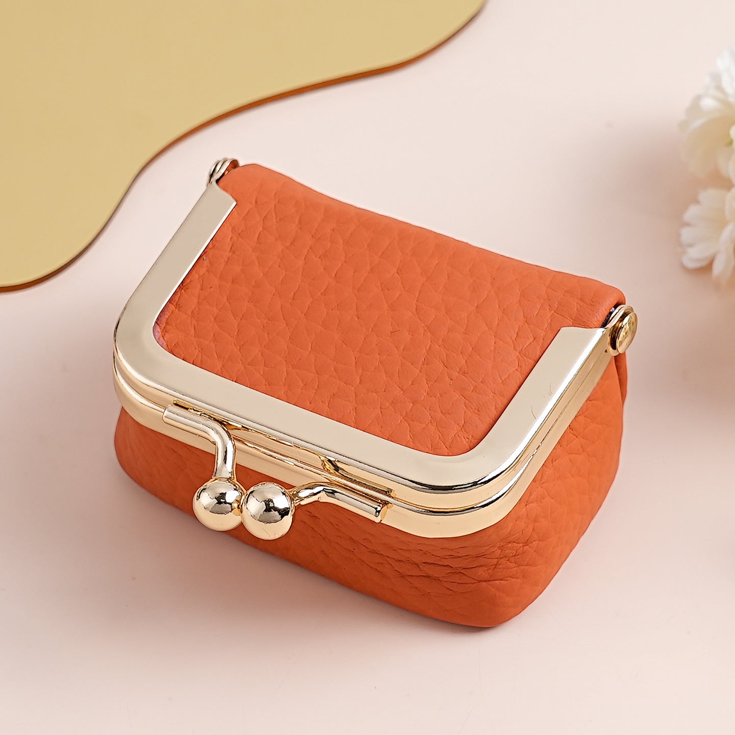 Orange Genuine Leather Mini Kiss-Lock Jewelry Pouch - Portable Travel Organizer for Rings, Earrings, Necklaces, and Coins