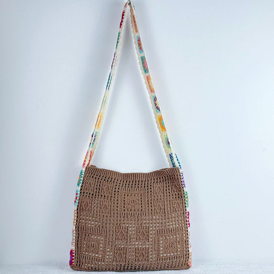 Coffee Chic Bohemian Hollow Knit Tote Bag | Large Capacity Crossbody Shoulder Bag | Versatile Casual Holiday Style