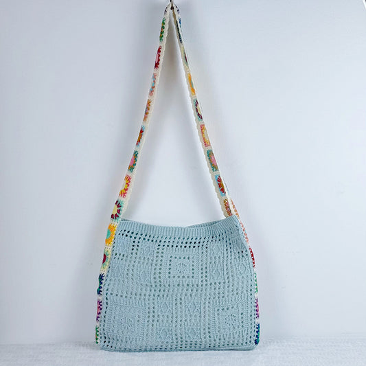Blue Chic Bohemian Hollow Knit Tote Bag | Large Capacity Crossbody Shoulder Bag | Versatile Casual Holiday Style