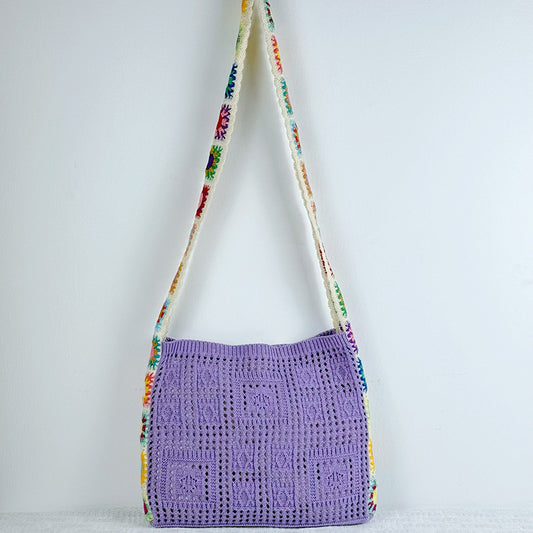 Purple Chic Bohemian Hollow Knit Tote Bag | Large Capacity Crossbody Shoulder Bag | Versatile Casual Holiday Style