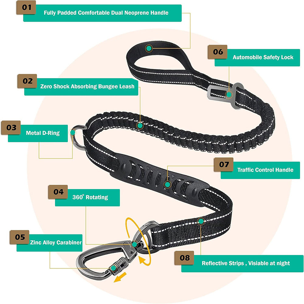 Black Heavy Duty Elastic Bungee Dog Leash | Anti-Pull Safety Shock Absorber | Multi-Functional Training Lead for Medium to Large Dogs