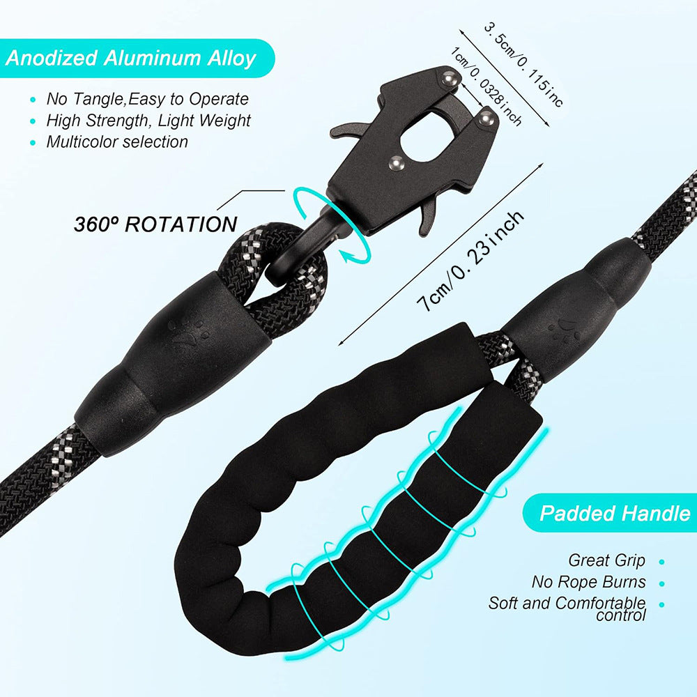 Dark Blue High Strength Nylon Rope Dog Leash | 1.5M Heavy Duty Lead with Anodized Frog Clip | Padded Comfort Handle for Training