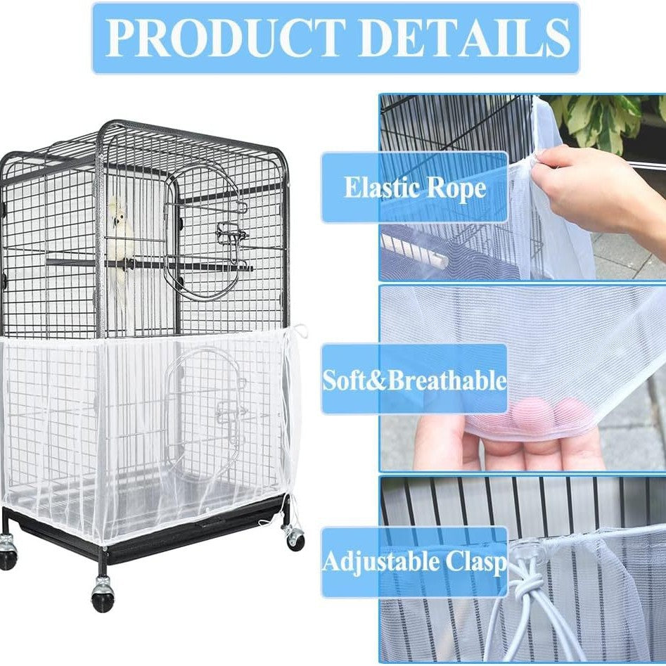S Black Flower【Height 17, Circumference 110】 Large Bird Cage Seed Catcher Net Cover - Adjustable Mesh Guard Splash-Proof Dust Cover for Indoor Outdoor Cages