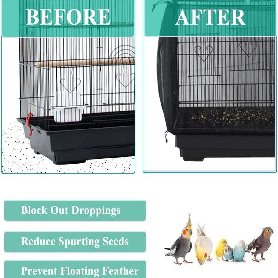 L Black Flower【Height 30, Circumference 220】 Large Bird Cage Seed Catcher Net Cover - Adjustable Mesh Guard Splash-Proof Dust Cover for Indoor Outdoor Cages