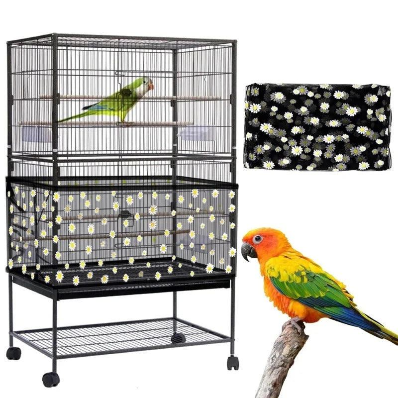 XXL Black Flower【Height 40, Circumference 220】 Large Bird Cage Seed Catcher Net Cover - Adjustable Mesh Guard Splash-Proof Dust Cover for Indoor Outdoor Cages