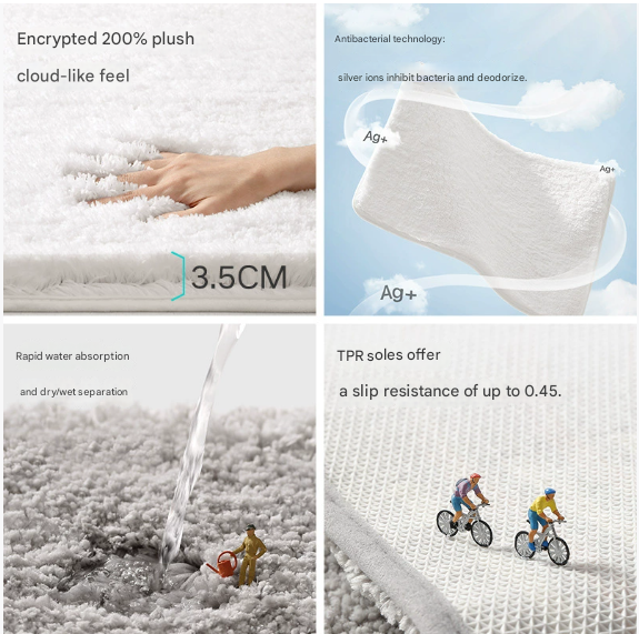 White 60*90cm Luxury 3.5cm Shag Bath Mat | Silver Ion Antibacterial Technology | Quick Dry Non-Slip TPR Bathroom Rug