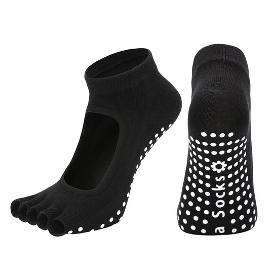 Black 3-Pack Women's Non-Slip Five-Finger Yoga Socks - Open Back Combed Cotton Pilates & Fitness Grip Socks for Professional Exercise