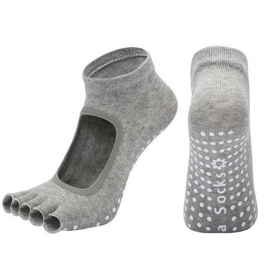 Light Grey 3-Pack Women's Non-Slip Five-Finger Yoga Socks - Open Back Combed Cotton Pilates & Fitness Grip Socks for Professional Exercise