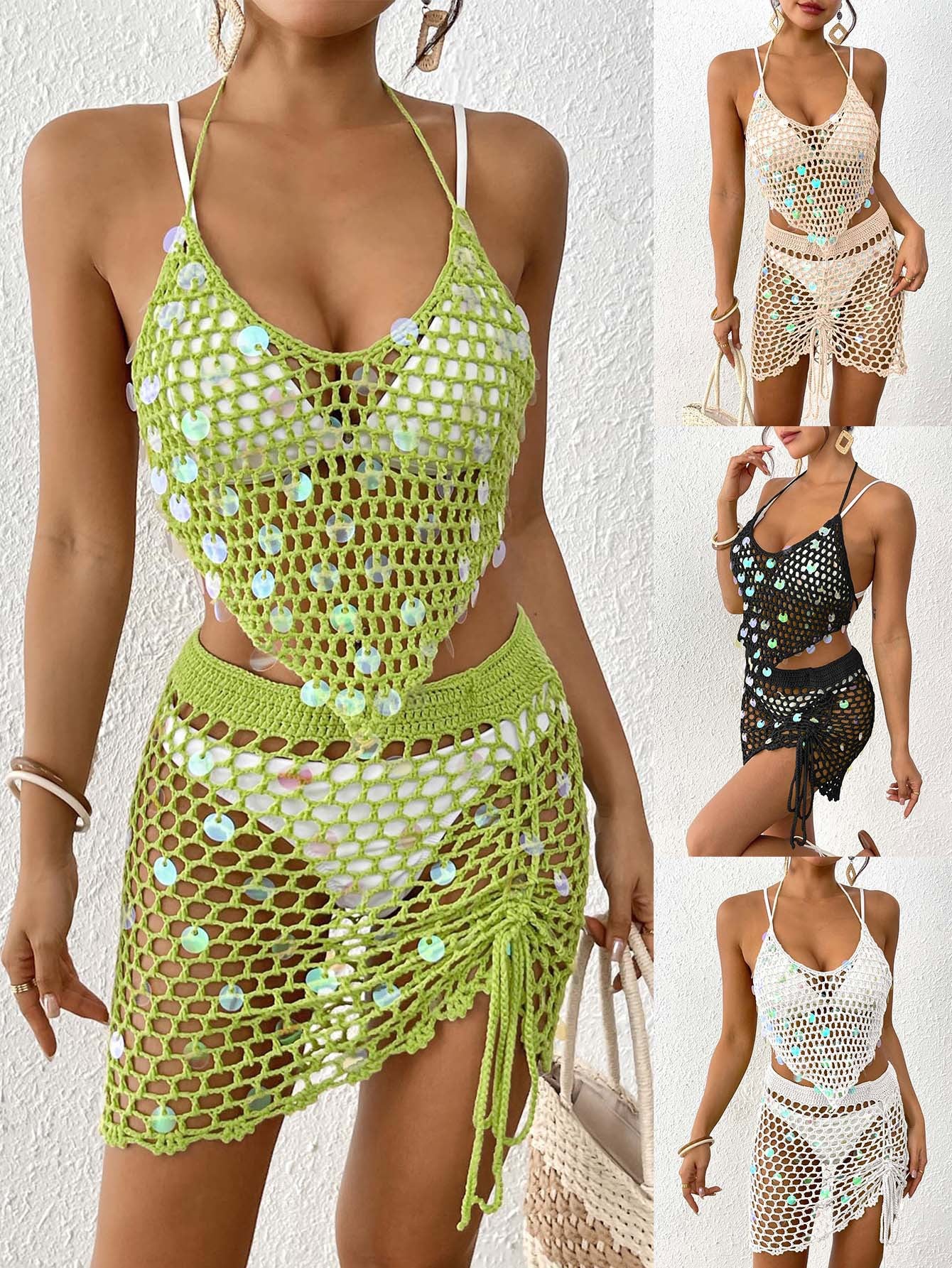 Beige Women's Hand-Crocheted Beachwear Set with Sequin Embellishments – Boho Style Two-Piece Bikini Cover-Up