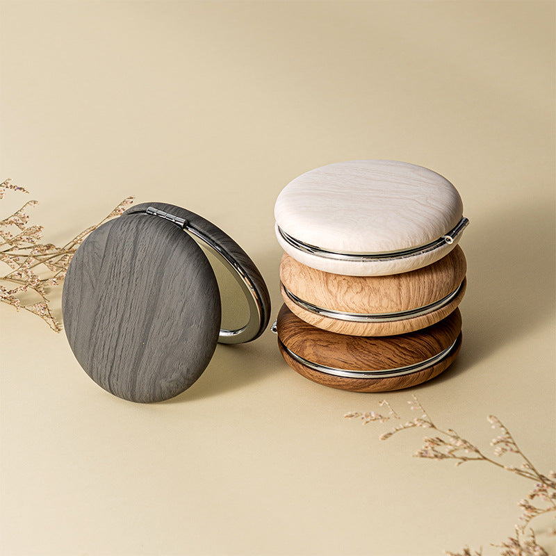 2 Pcs Brown Portable Wooden-Style Makeup Mirror - Dual-Sided High-Definition Compact Mirror