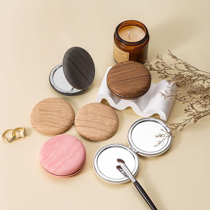 2 Pcs Grey Portable Wooden-Style Makeup Mirror - Dual-Sided High-Definition Compact Mirror