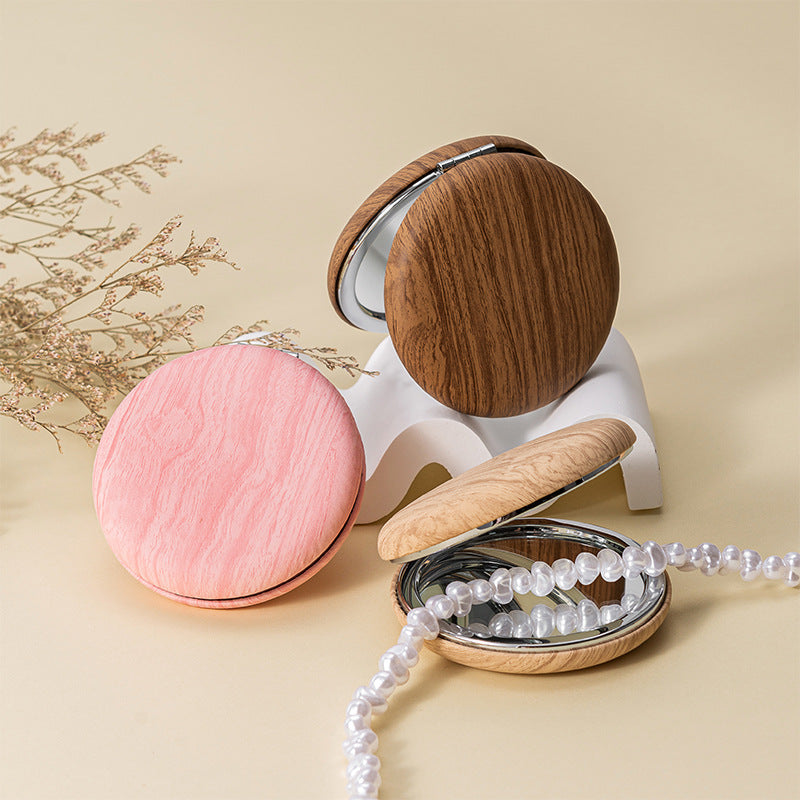 2 Pcs Beige Portable Wooden-Style Makeup Mirror - Dual-Sided High-Definition Compact Mirror