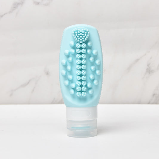 Blue Travel Silicone Refillable Bottle Set – Multi-Functional Soft-Squeeze Dispenser with Built-in Brush (3-Pack)