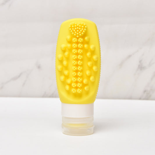 Yellow Travel Silicone Refillable Bottle Set – Multi-Functional Soft-Squeeze Dispenser with Built-in Brush (3-Pack)