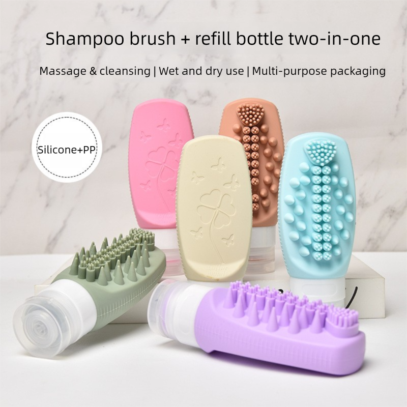 Yellow Travel Silicone Refillable Bottle Set – Multi-Functional Soft-Squeeze Dispenser with Built-in Brush (3-Pack)