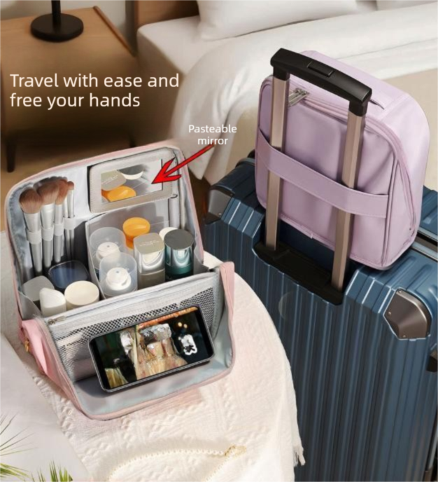 Purple Magnetic Compartmentalized Standing Cosmetic Bag – Large Capacity with Mirror, Travel Makeup Organizer (26×10×26 cm)