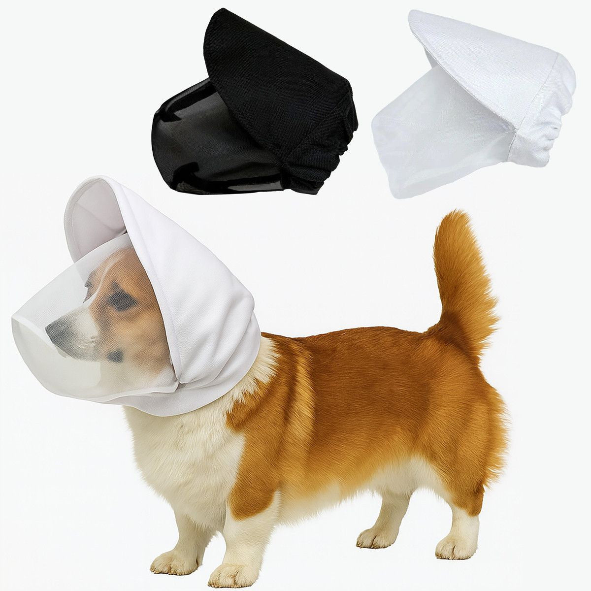 Size L White Mesh Net Hood for Dogs – Protective Face Cover Against Insects, Debris, and Oral Ingestion