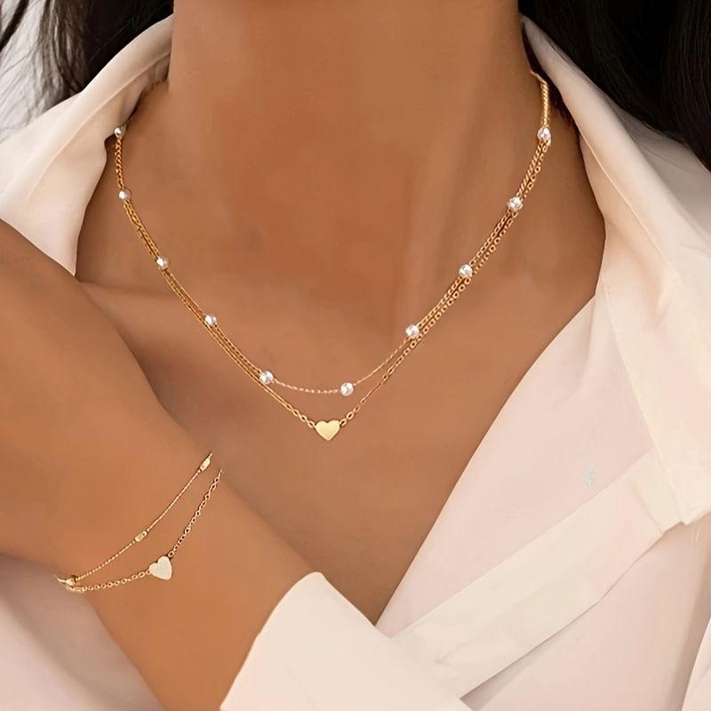 Silver Double-Layer Heart Charm Necklace and Bracelet Set – Women’s Layered Jewelry Set